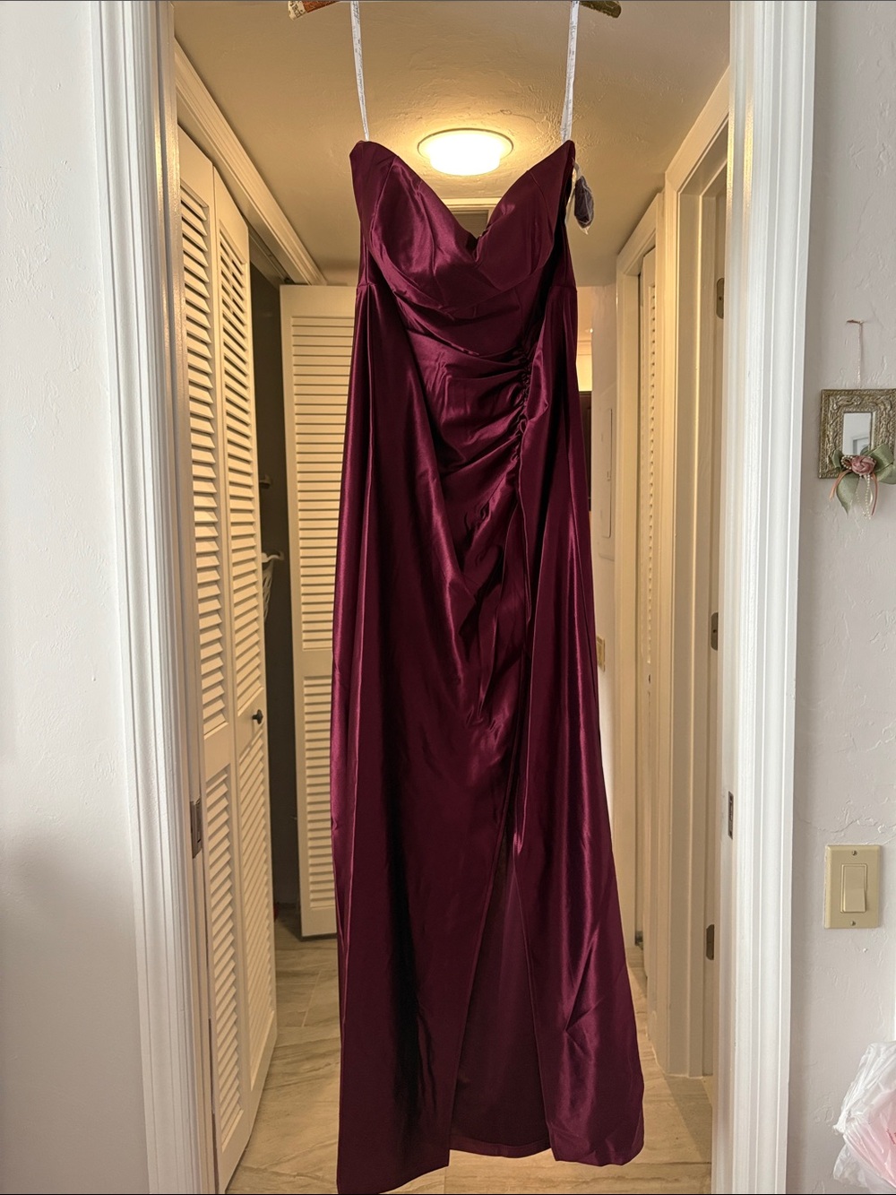 David's Bridal Burgundy Strapless Satin Evening Gown